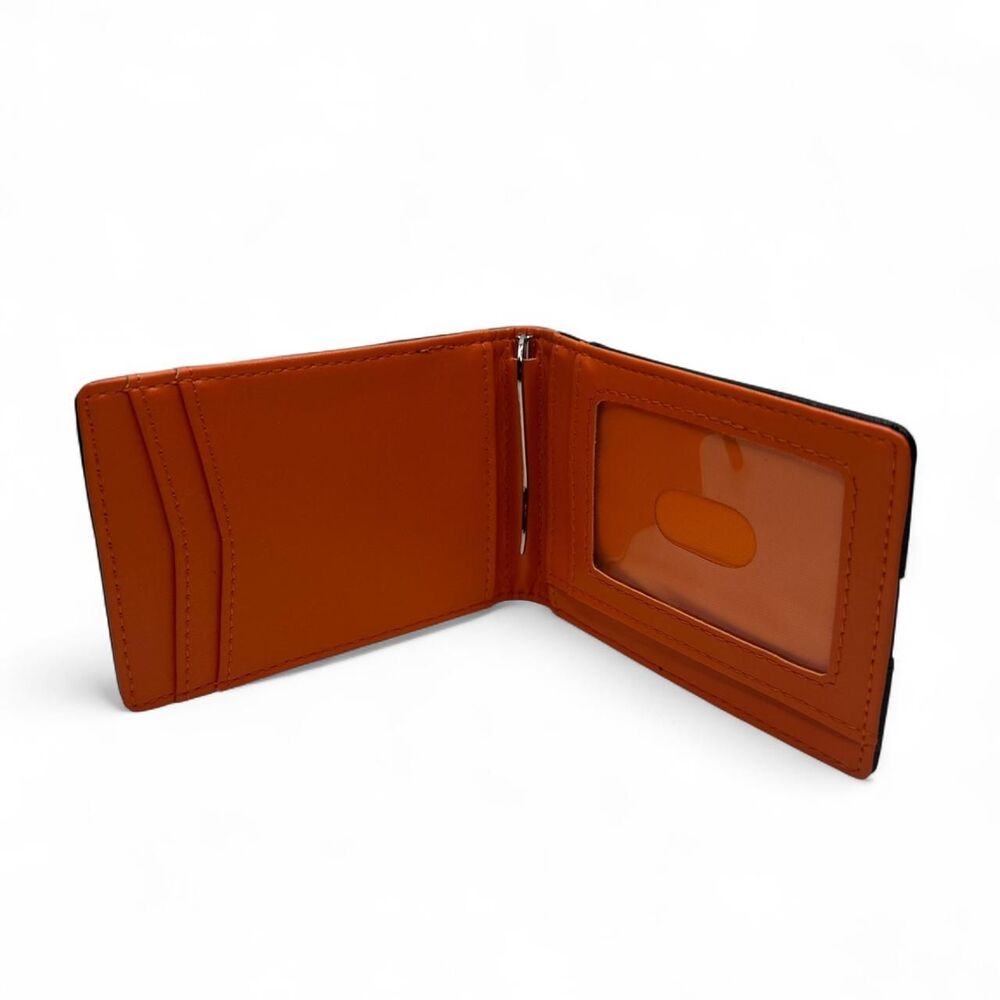 Plain Black And Orange Leather Wallet W/ Built-In Money Clip